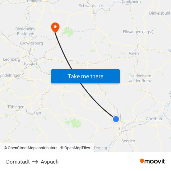 Dornstadt to Aspach map