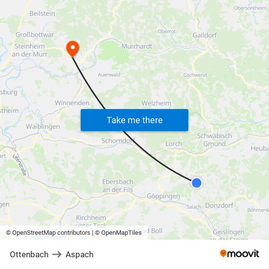 Ottenbach to Aspach map