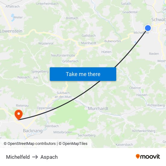 Michelfeld to Aspach map