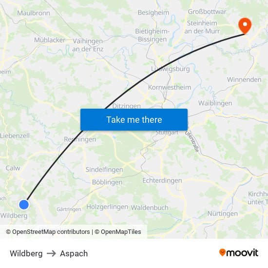 Wildberg to Aspach map