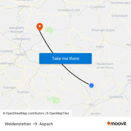 Weidenstetten to Aspach map