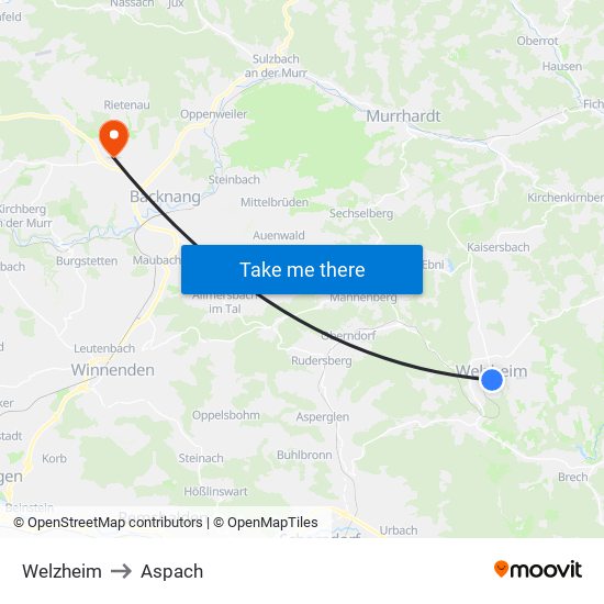 Welzheim to Aspach map