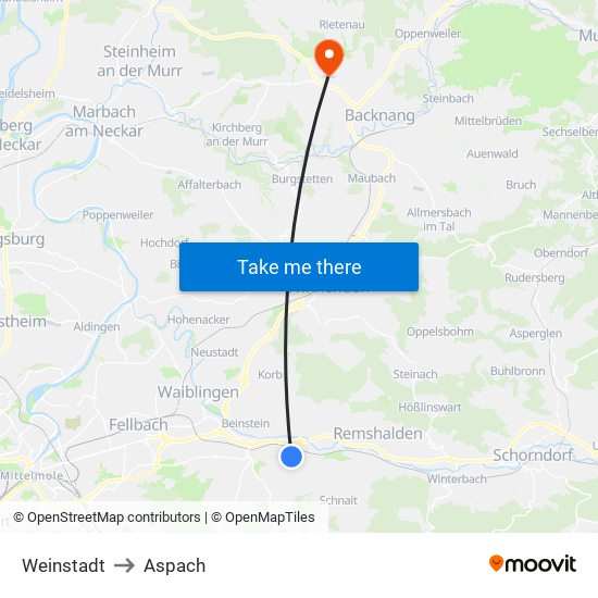 Weinstadt to Aspach map