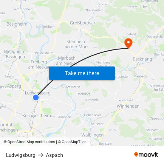 Ludwigsburg to Aspach map