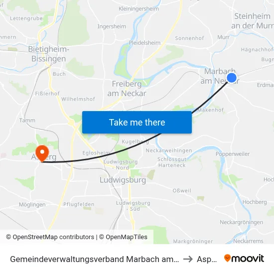 Gemeindeverwaltungsverband Marbach am Neckar to Asperg map