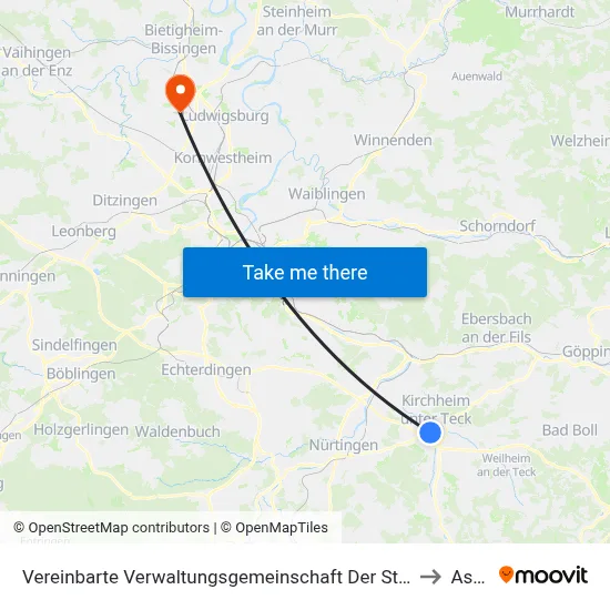 Vereinbarte Verwaltungsgemeinschaft Der Stadt Kirchheim Unter Teck to Asperg map