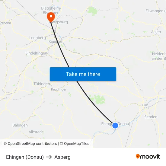 Ehingen (Donau) to Asperg map
