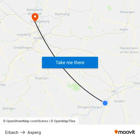 Erbach to Asperg map