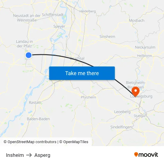 Insheim to Asperg map