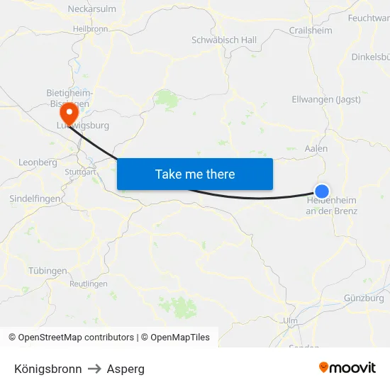 Königsbronn to Asperg map