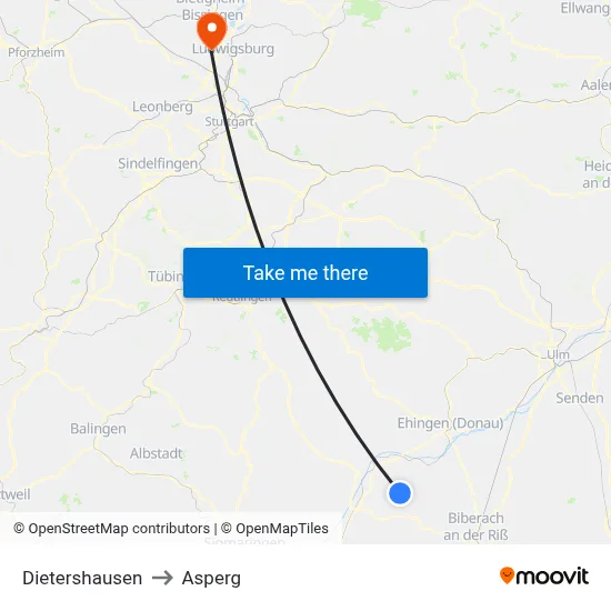 Dietershausen to Asperg map