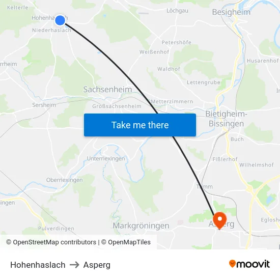 Hohenhaslach to Asperg map