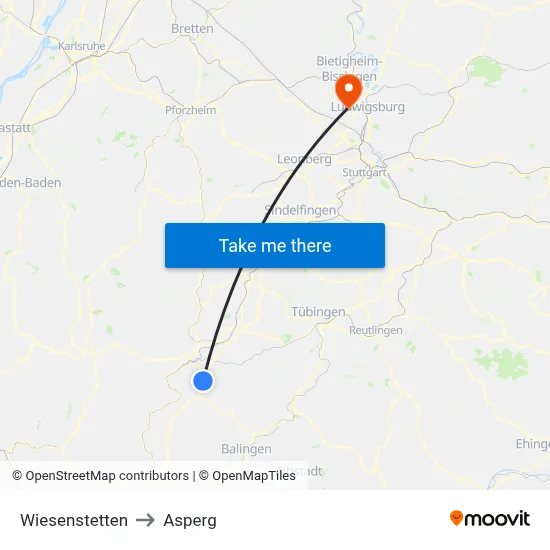 Wiesenstetten to Asperg map