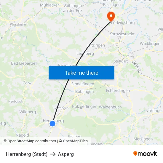 Herrenberg (Stadt) to Asperg map
