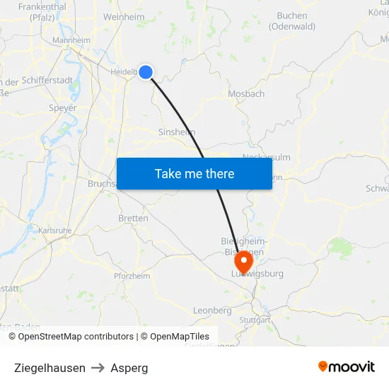 Ziegelhausen to Asperg map