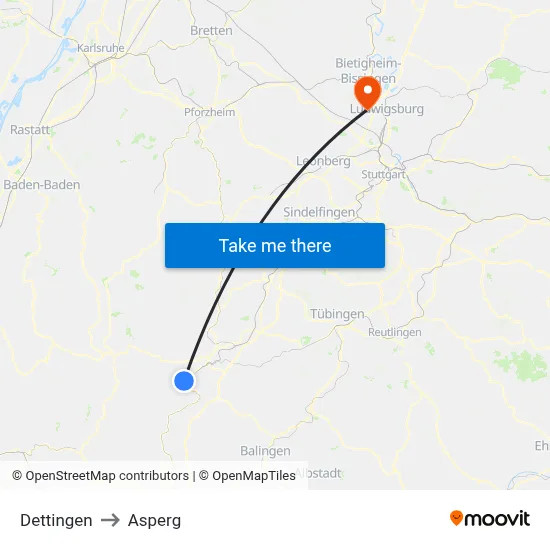 Dettingen to Asperg map
