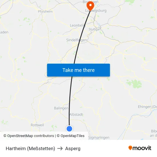 Hartheim (Meßstetten) to Asperg map