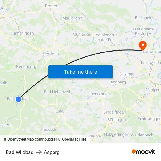 Bad Wildbad to Asperg map