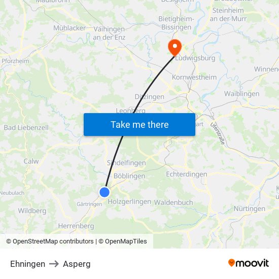 Ehningen to Asperg map