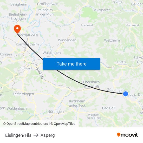 Eislingen/Fils to Asperg map