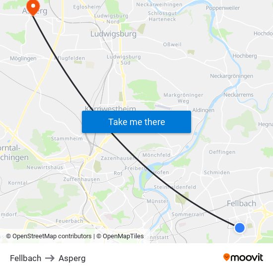 Fellbach to Asperg map