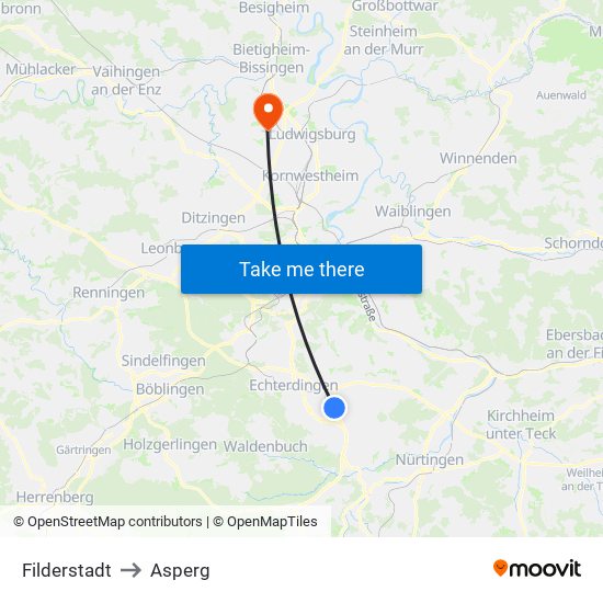 Filderstadt to Asperg map