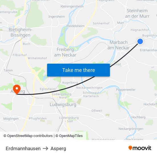 Erdmannhausen to Asperg map