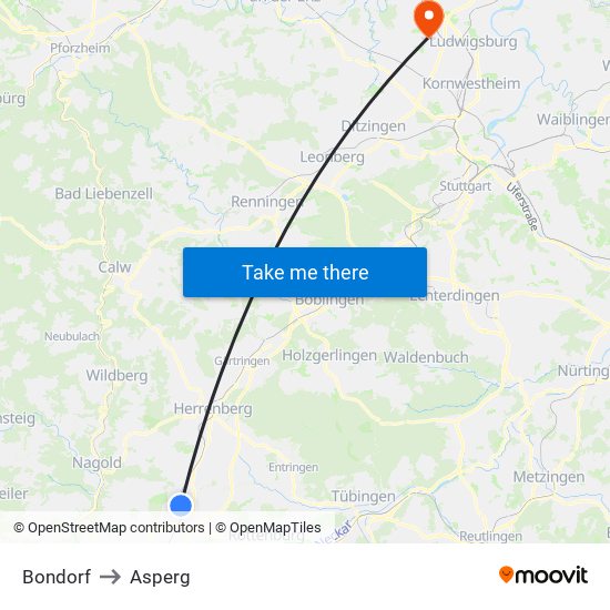 Bondorf to Asperg map