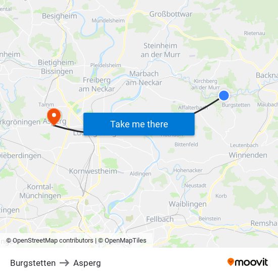 Burgstetten to Asperg map