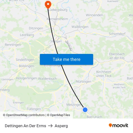 Dettingen An Der Erms to Asperg map