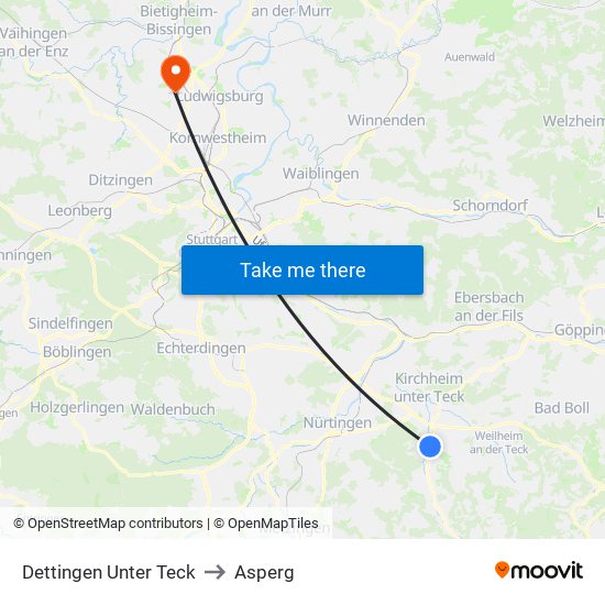 Dettingen Unter Teck to Asperg map