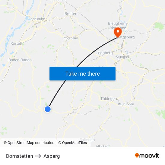 Dornstetten to Asperg map