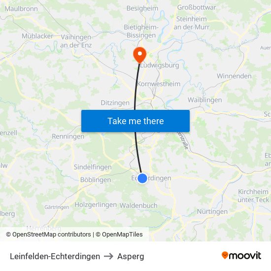 Leinfelden-Echterdingen to Asperg map