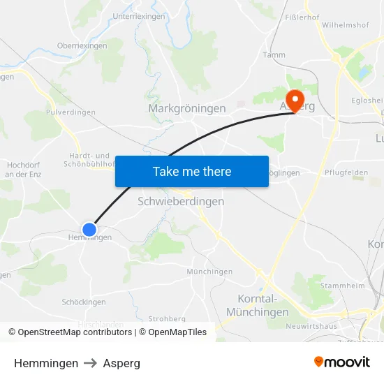 Hemmingen to Asperg map