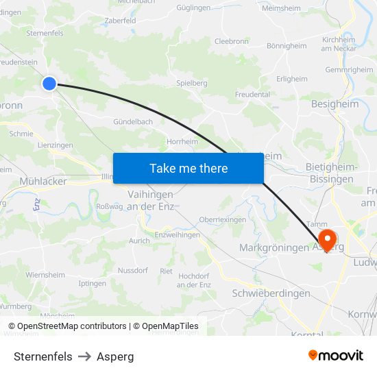 Sternenfels to Asperg map