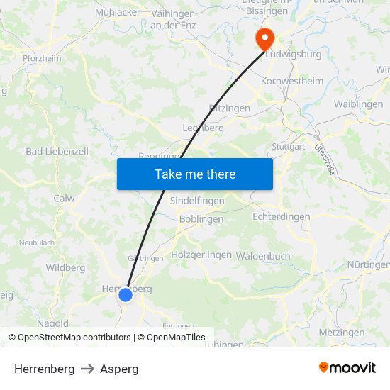 Herrenberg to Asperg map