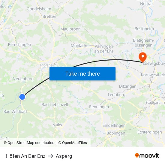 Höfen An Der Enz to Asperg map