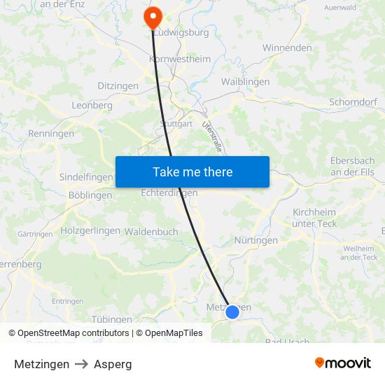 Metzingen to Asperg map