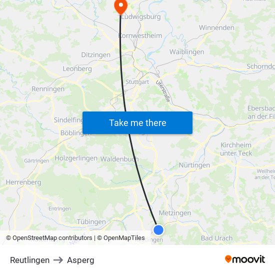 Reutlingen to Asperg map