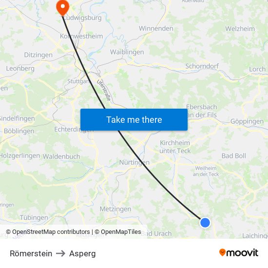 Römerstein to Asperg map