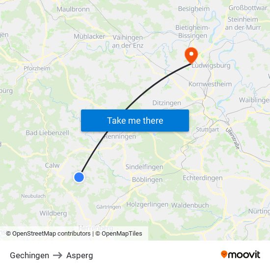 Gechingen to Asperg map