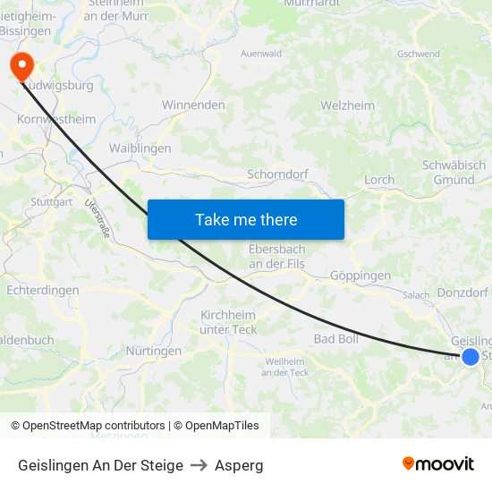 Geislingen An Der Steige to Asperg map