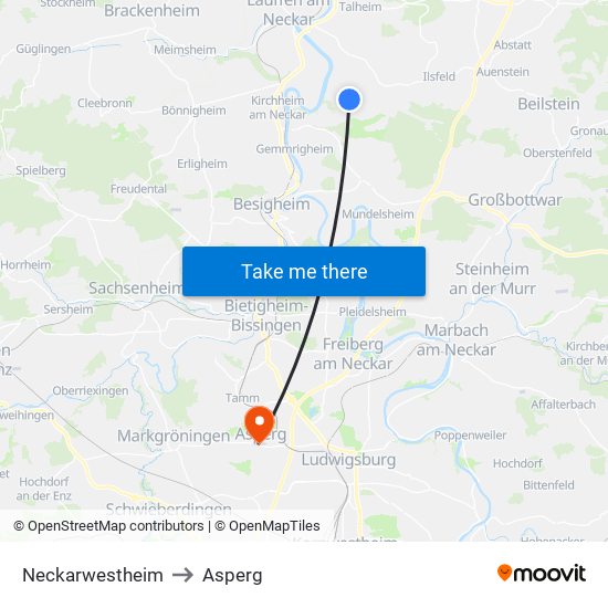 Neckarwestheim to Asperg map