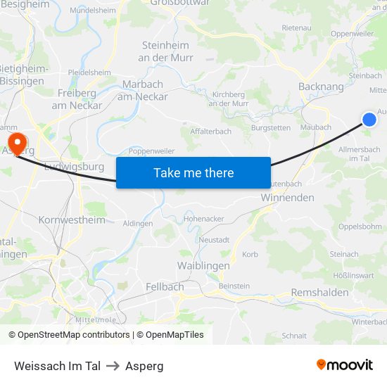 Weissach Im Tal to Asperg map