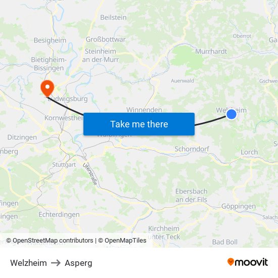 Welzheim to Asperg map