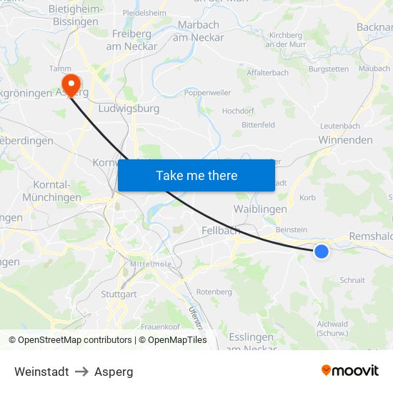 Weinstadt to Asperg map