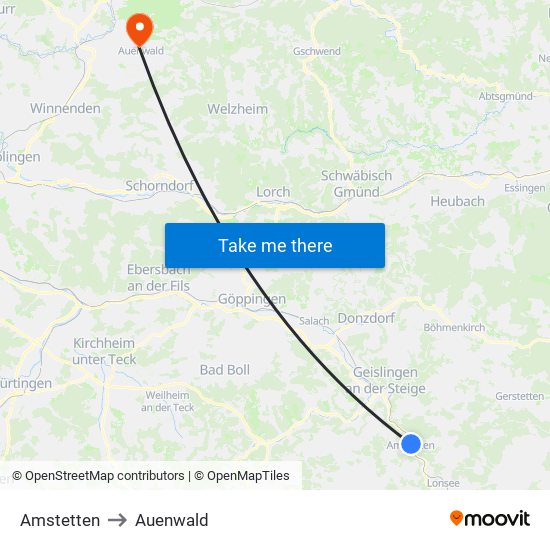 Amstetten to Auenwald map