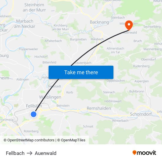 Fellbach to Auenwald map