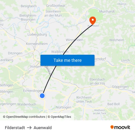 Filderstadt to Auenwald map