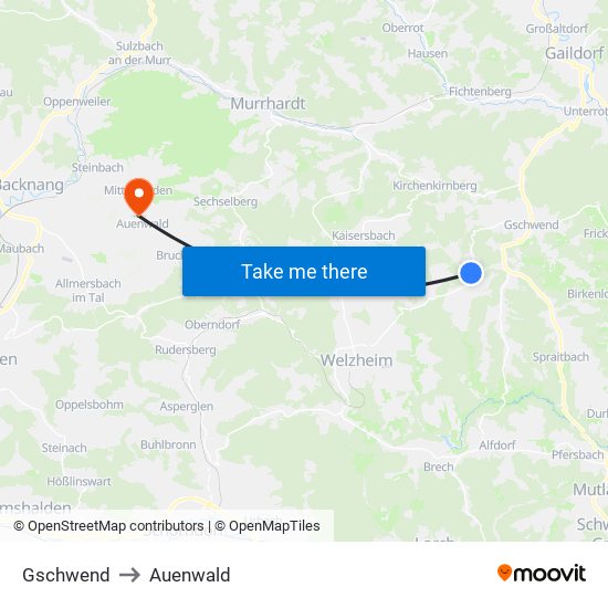 Gschwend to Auenwald map